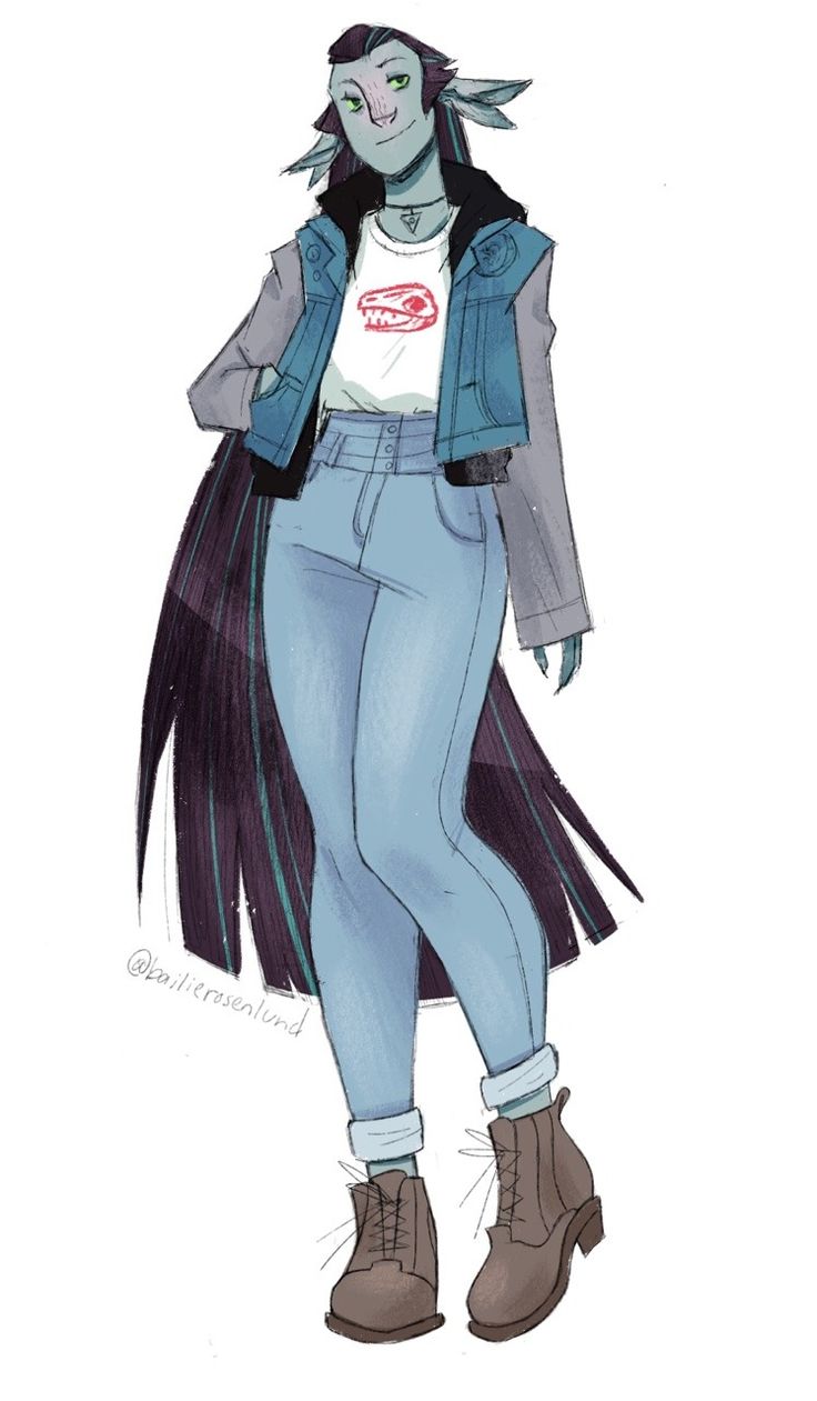 a drawing of a woman with long black hair and blue jeans, standing in front of a