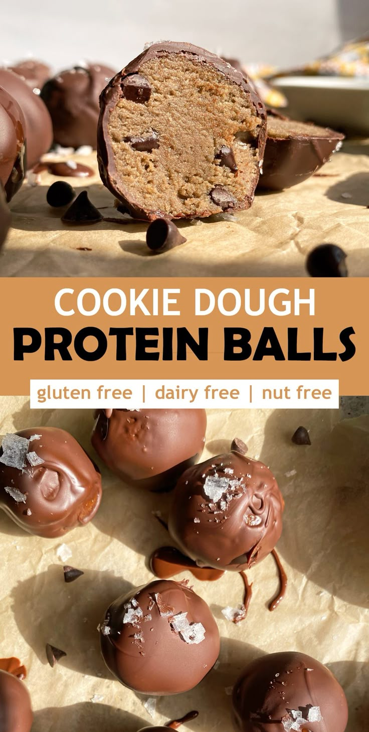 chocolate covered doughnuts on parchment paper with text overlay reading cookie dough protein balls gluten free / dairy free / nut free