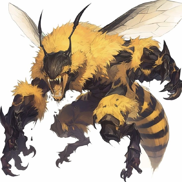 a drawing of a yellow and black bee with claws on it's back legs