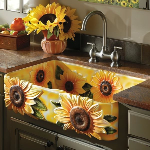 a kitchen sink with sunflowers painted on it