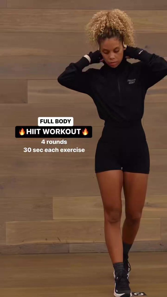 a woman standing in front of a wooden wall with her hands on her head and the words full body hit workout 4 rounds 30 sec each exercise