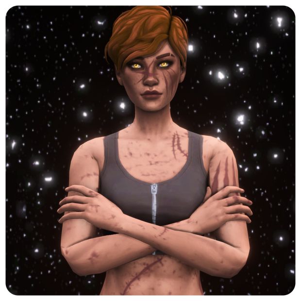 an animated image of a woman with blood all over her body and arms, standing in front of stars