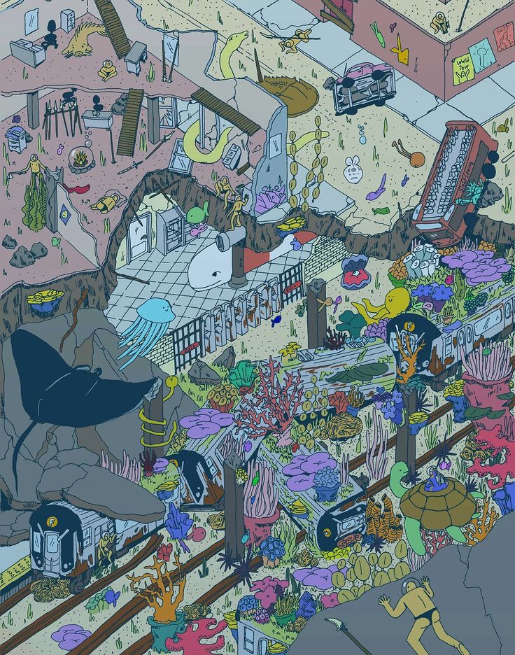 this is an image of a cartoon scene with many things on the ground and in the background