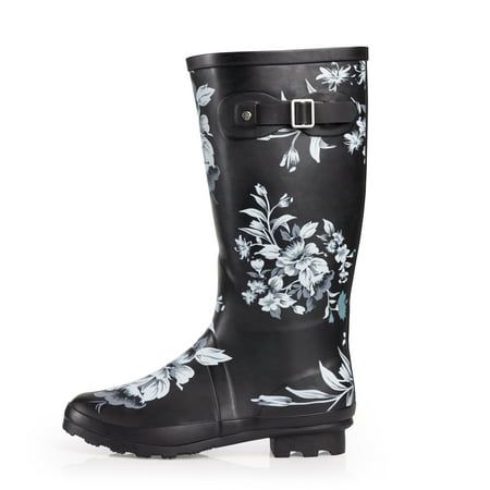 NORTY Womens Floral Print Hi Calf Rain Boots Black. Adult Ladies Waterproof Winter Spring Garden Boot Medium Width. No matter how wet, muddy, or slick it gets outside, our adult rain boots for women have you covered. An 11.25 inch boot shaft with fun, feminine styling keeps you warm, dry, and outfitted in fresh fall and winter-ready looks. This extra-roomy insulated rubber boot lets you layer on your favorite thick socks on the colder days, and a rugged rubber tread sole makes sure you don't slip and slide. Whether you're using them as garden shoes or from point A to point B, they have a matte finish that makes them easy to clean after a full day outdoors. Size: large.  Gender: female. Stylish Rain Boots, Cold Weather Socks, Rain Boots For Women, Floral Rain Boots, Garden Boots, Garden Shoes, Rain Shoes, Slip And Slide, Rubber Boot