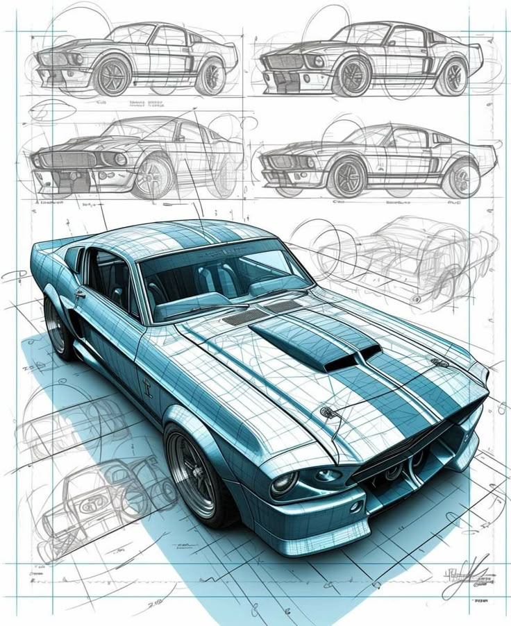 a blueprint drawing of a muscle car with the hood up and stripes on it