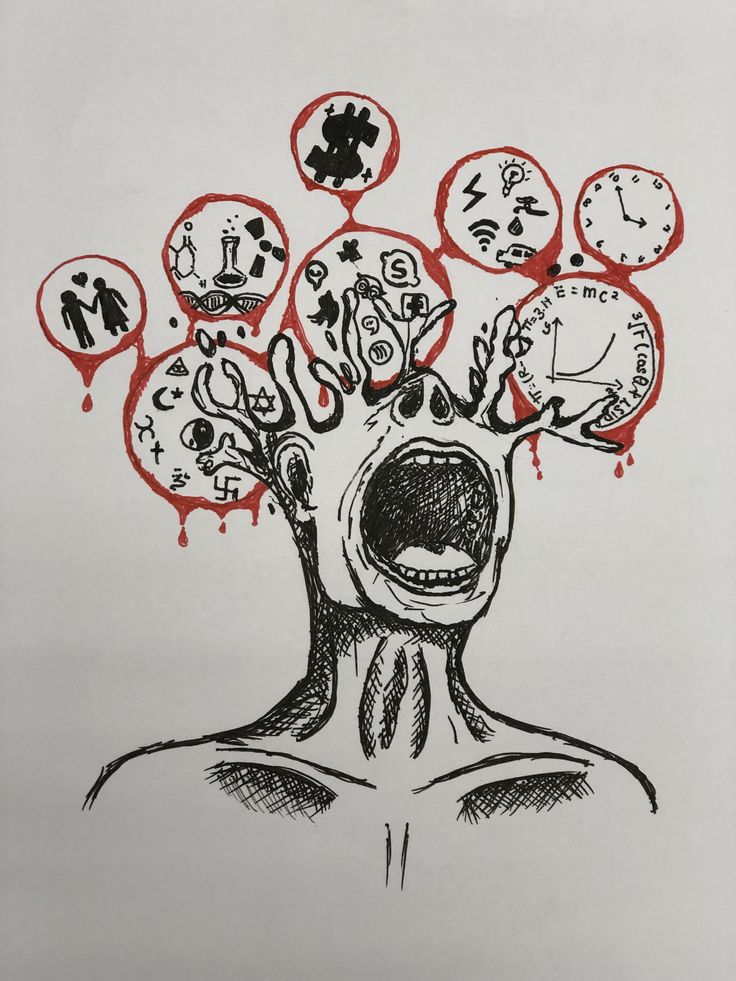 a drawing of a man's head with many clocks above his head and the words time is running out