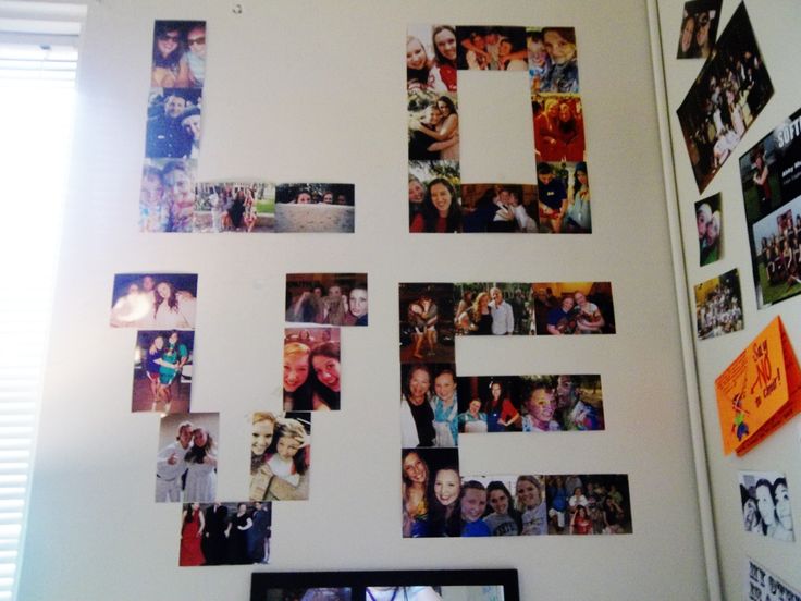 a white wall with many pictures on it and the word love spelled out in multiple letters