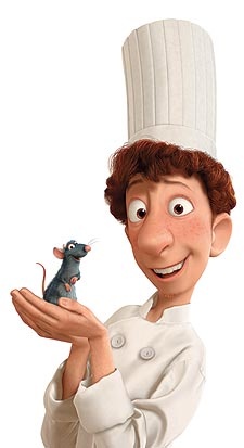 a cartoon character is holding a mouse in his hand while wearing a chef's hat