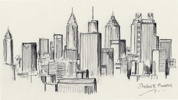 a drawing of a city skyline with skyscrapers