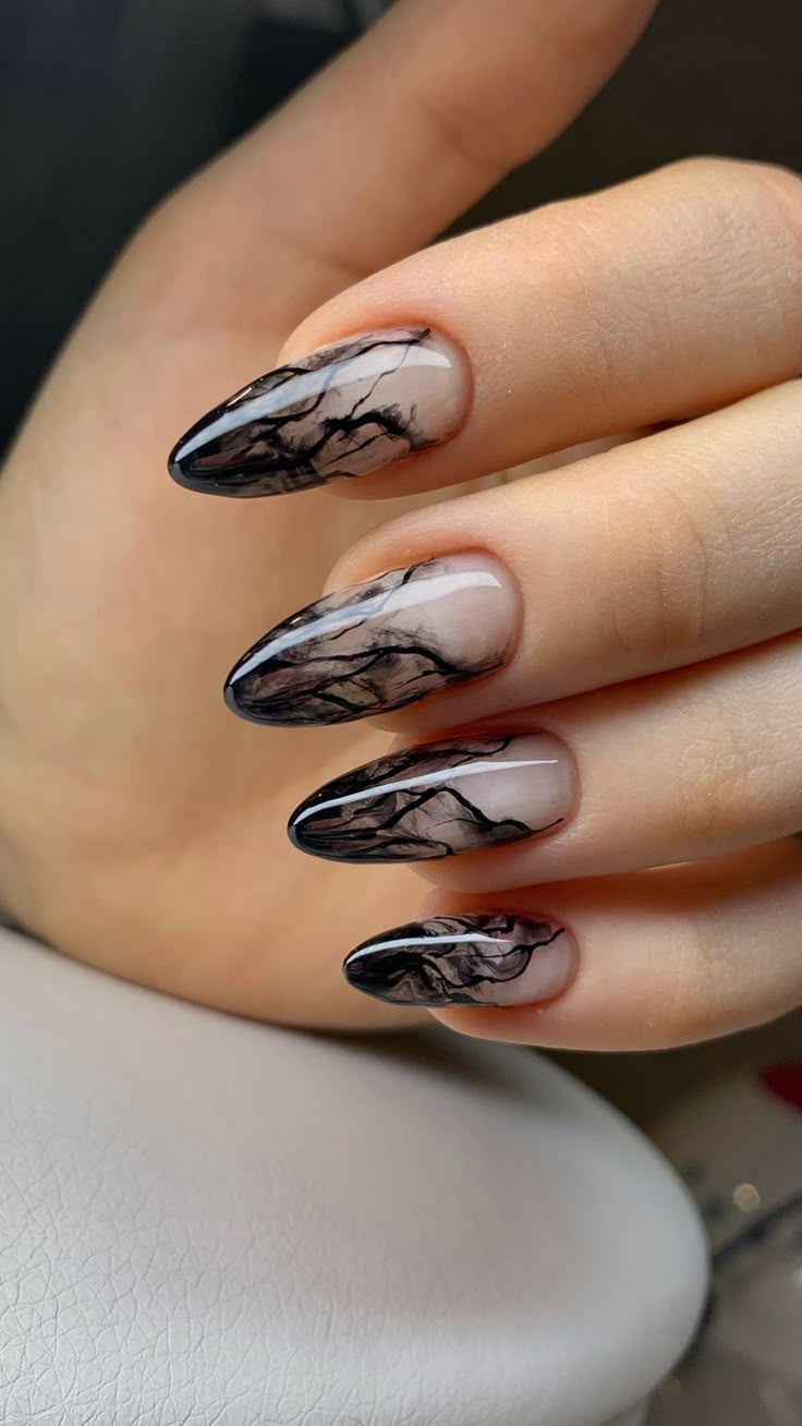 Black Design Nail Art, White To Black Ombre Nails, Corporate Goth Nails, Black And Silver Almond Nails, Black Smokey Nails, Neutral And Black Nails, Black Nails Marble, Edgy Almond Nails, Emo Nail Ideas