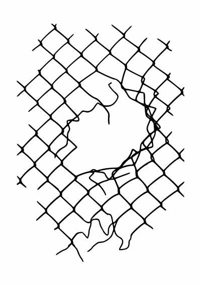 a black and white photo of a chain link fence that has been cut in half