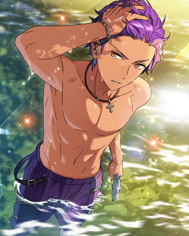 a man with purple hair standing in the water