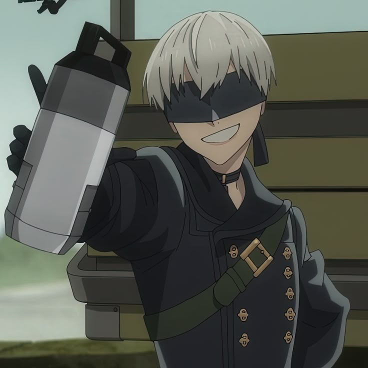 an anime character with white hair and black eye makeup holding a large metal object in his hand