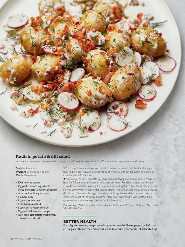 a white plate topped with potatoes and radishes on top of a marble table