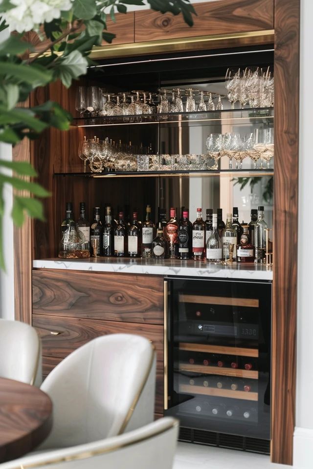 a bar with wine glasses and bottles on it