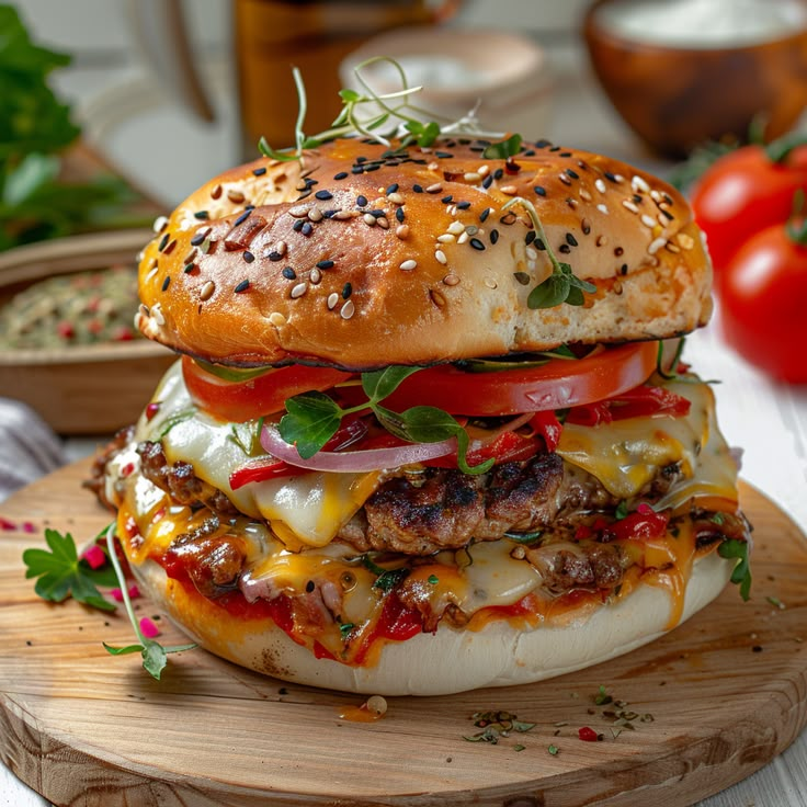 a cheeseburger on a wooden board with tomatoes and herbs