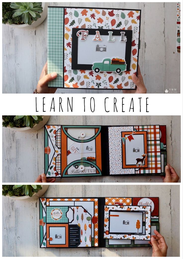 an open scrapbook with the words learn to create on it and pictures of cars