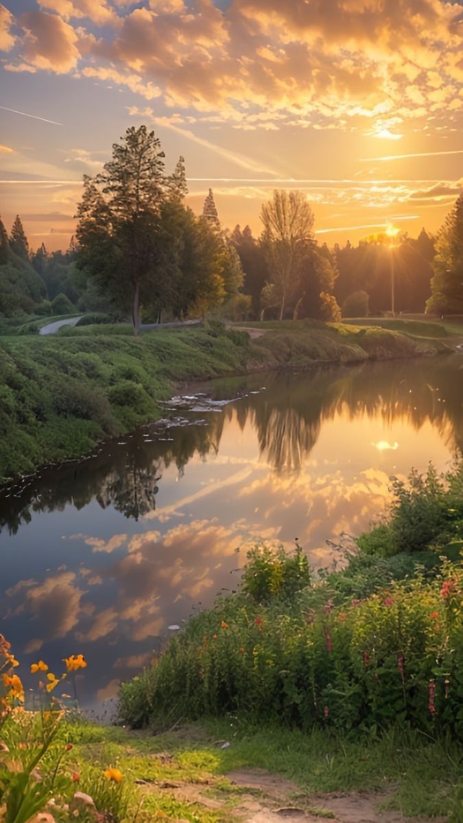 the sun is setting over a small river with trees and flowers in the foreground