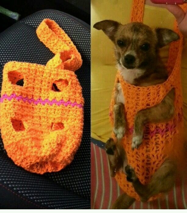 there is a small dog wearing an orange crochet vest and holding onto a stuffed animal