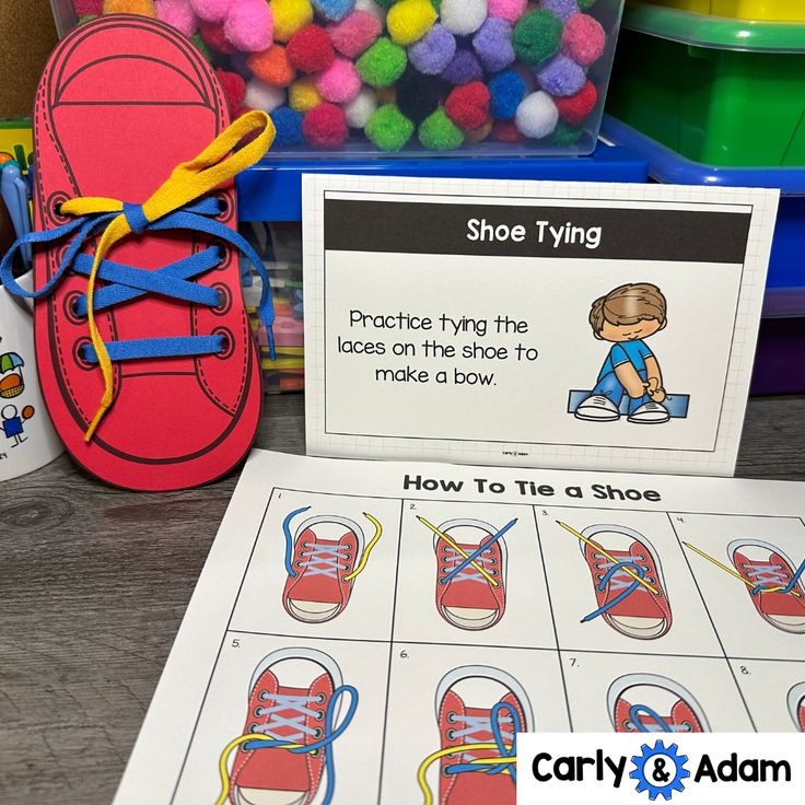 a pair of shoes and some sort of activity for kids to practice their shoe tying skills