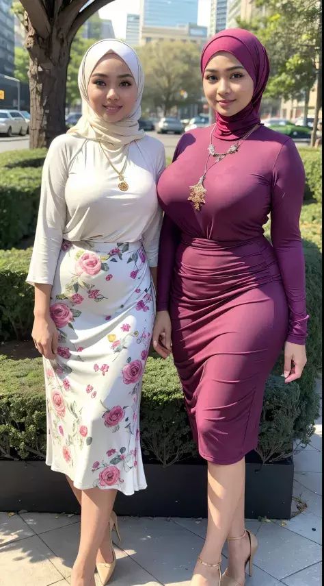 Two women in long dresses standing next to each other - SeaArt AI Islamic Beauty, Hijabi Women, Soft Smile, Dress Necklace, Hijab Fashionista, Pregnant Celebrities, Muslim Women Fashion, Muslim Women Hijab