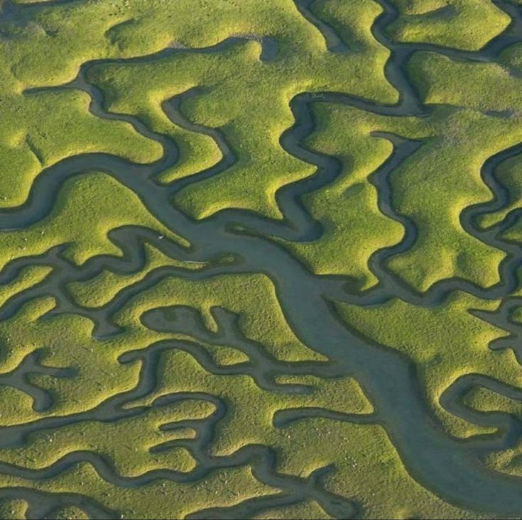 an aerial view of the land and water