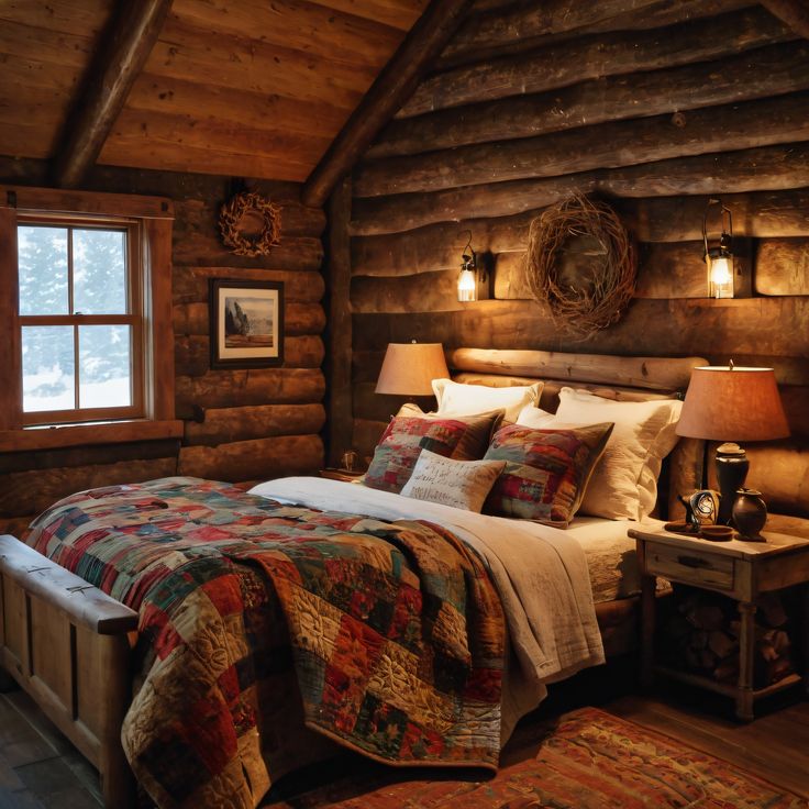 a bed in a log cabin with pillows and blankets on top of the bedspread