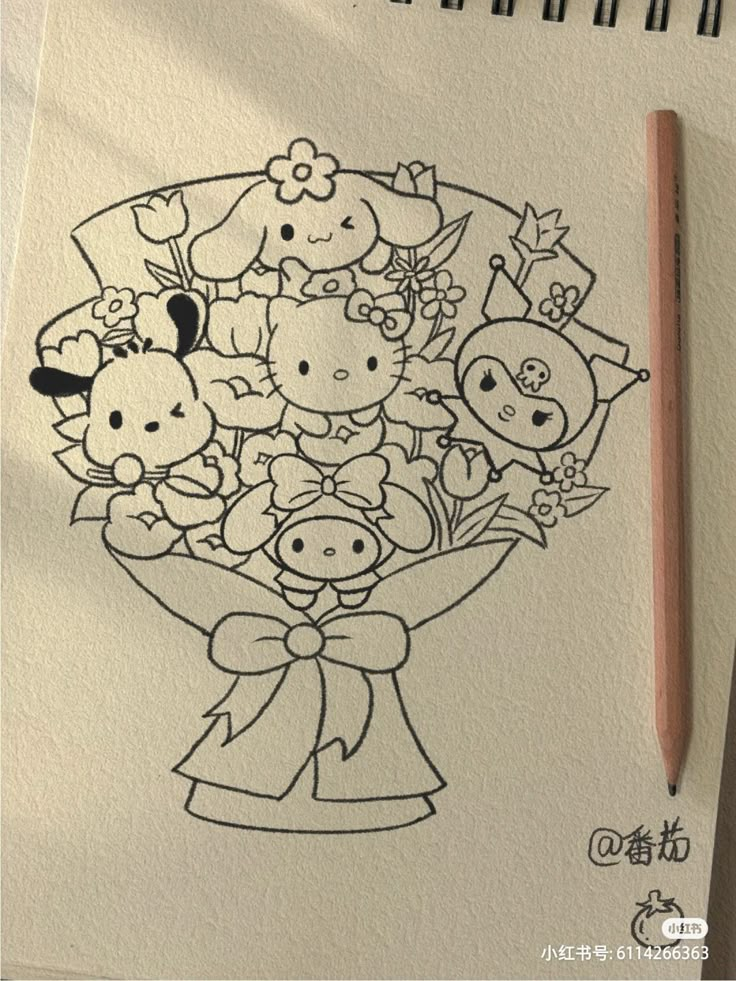 a drawing of a bouquet of flowers on paper with a pencil in front of it