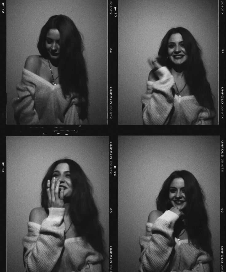 black and white photos of a woman with long hair smiling at the camera while holding her hands up to her face