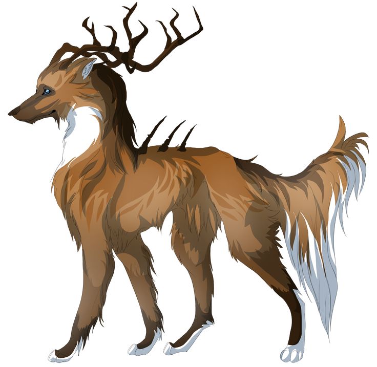 an illustration of a brown and white wolf with antlers on it's head