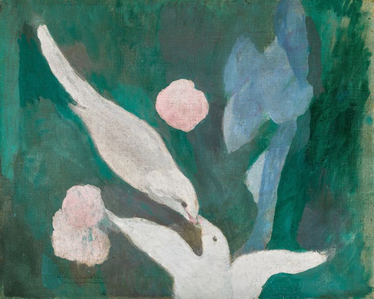 a painting of two white birds flying over pink flowers on a green background with leaves