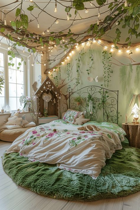 a bedroom decorated in green and white with lots of lights