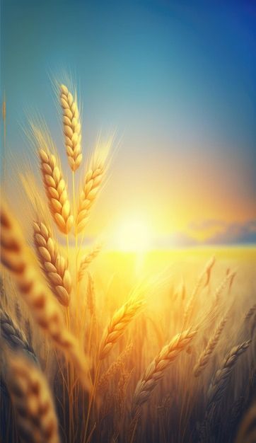 the sun is setting over a wheat field