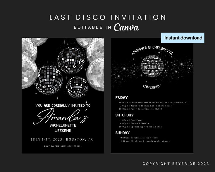 a black and white flyer with disco balls