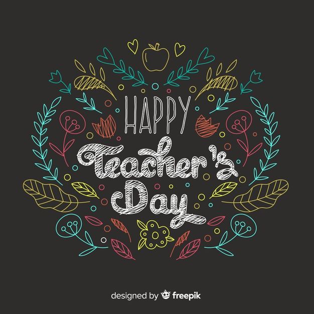 happy teacher's day card with hand drawn lettering and colorful leaves on black background