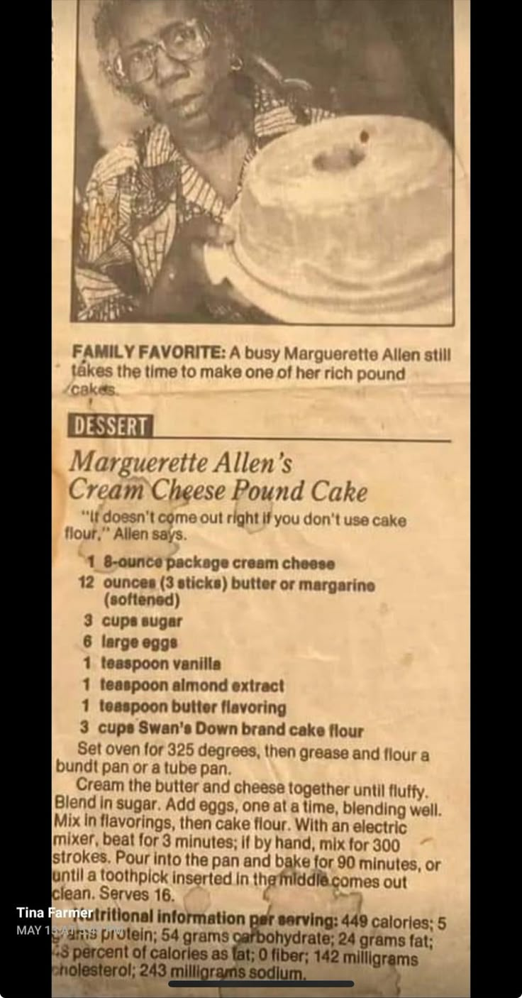 an old recipe for margarette allen's cake