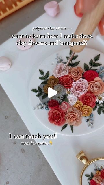 a woman is painting flowers on a plate with a quote about how to learn how to make these clay flowers and bouquets?