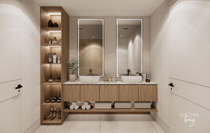 a bathroom with two sinks, mirrors and shelves on the wall next to each other