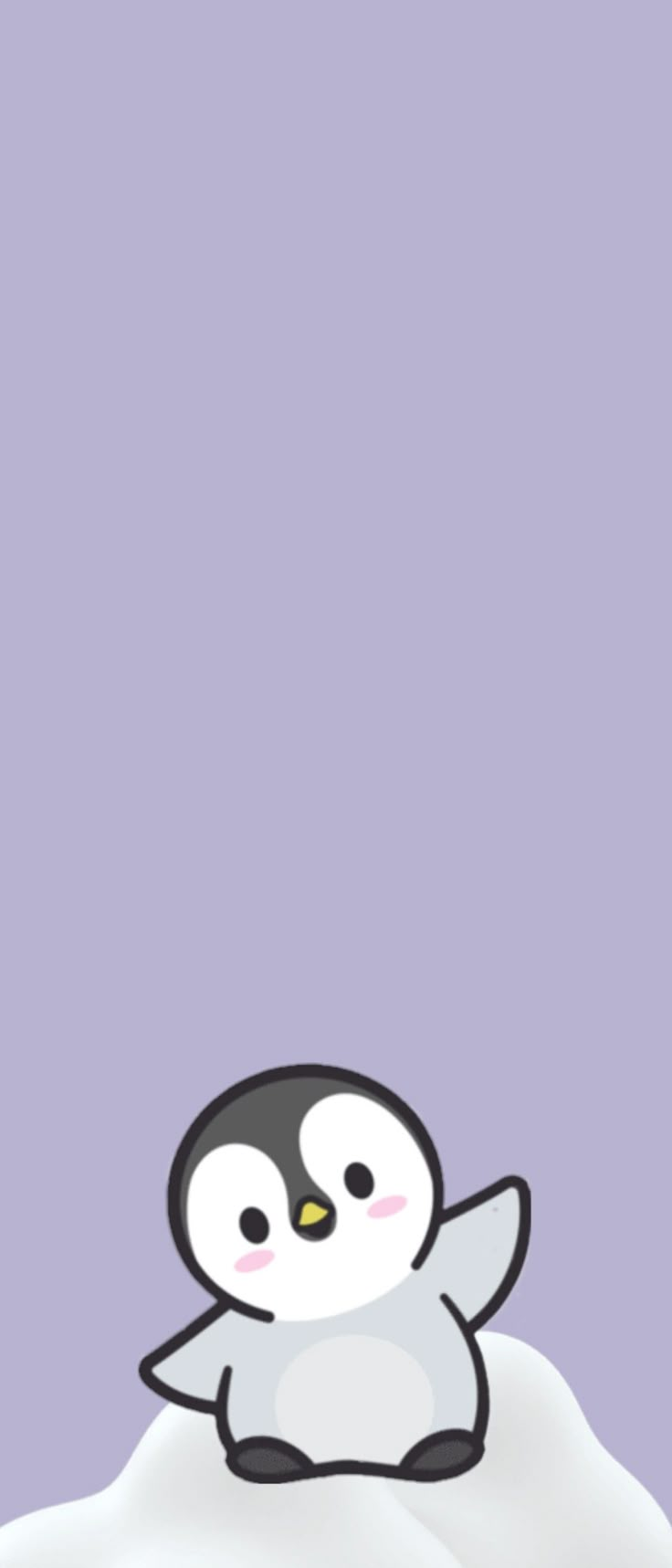 a small penguin sitting on top of a pile of snow in front of a purple background