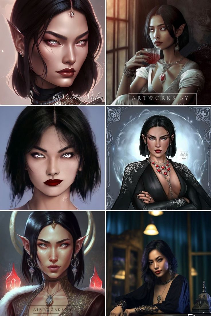 four different pictures of women with dark hair and piercings, one is wearing an elaborate necklace