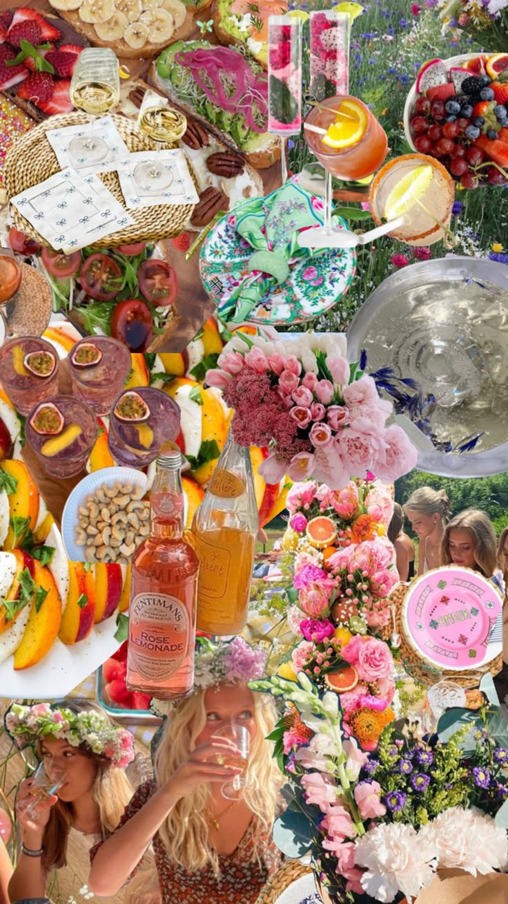 a collage of photos with flowers, fruit and drinks on them is shown in this image