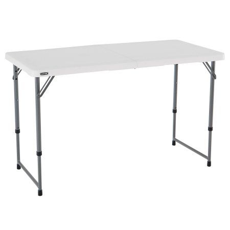 a white folding table with black legs on a white background, viewed from the front