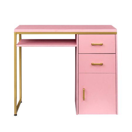 a pink desk with gold handles and drawers