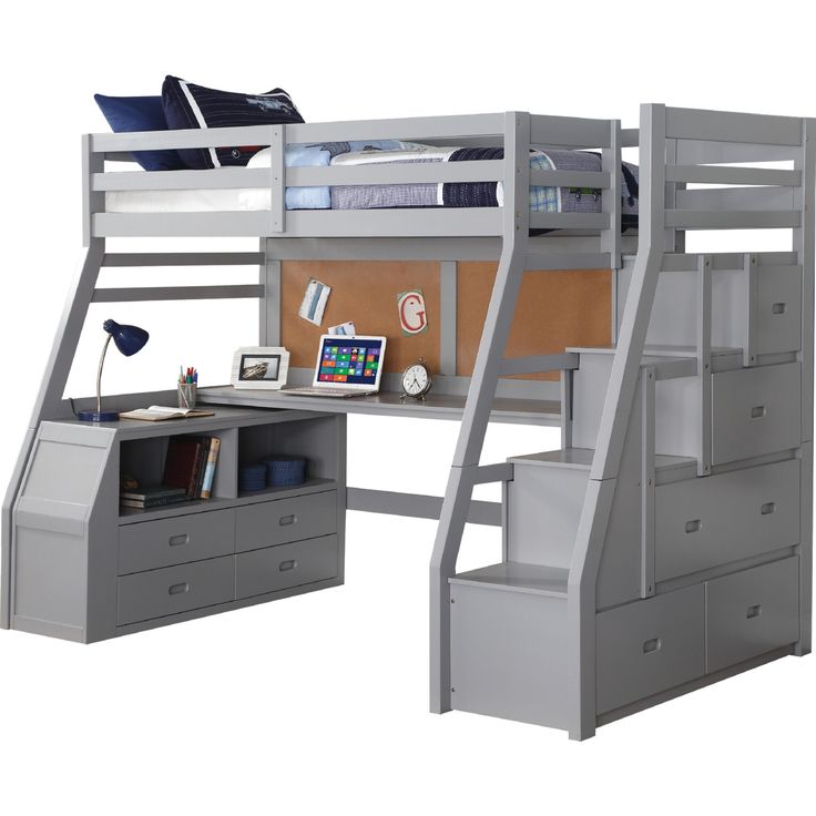 a loft bed with stairs and desk in the bottom bunk is made of wood, metal or steel