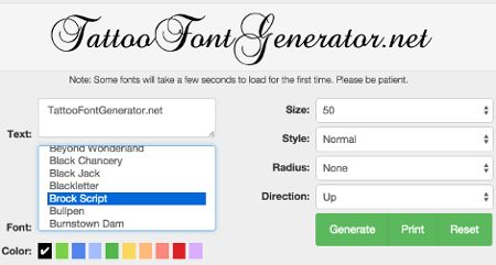 the tattoo font generator screen is shown