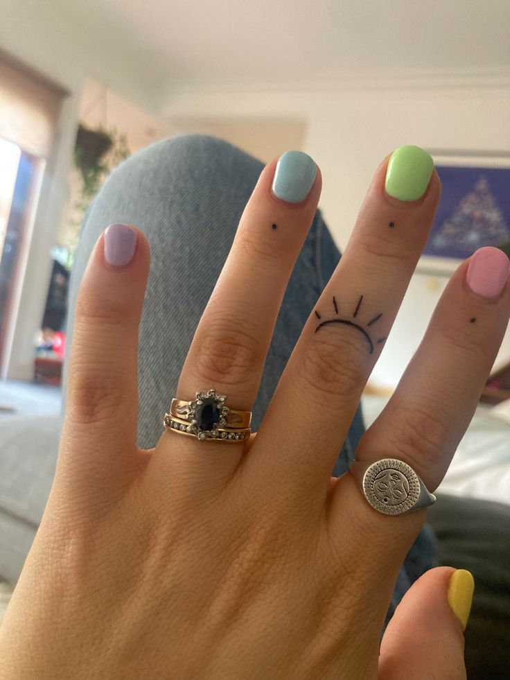 a person with two rings on their fingers and one has a smiley face drawn on it