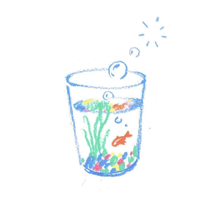 a pencil drawing of a fish in a glass with water and bubbles coming out of it