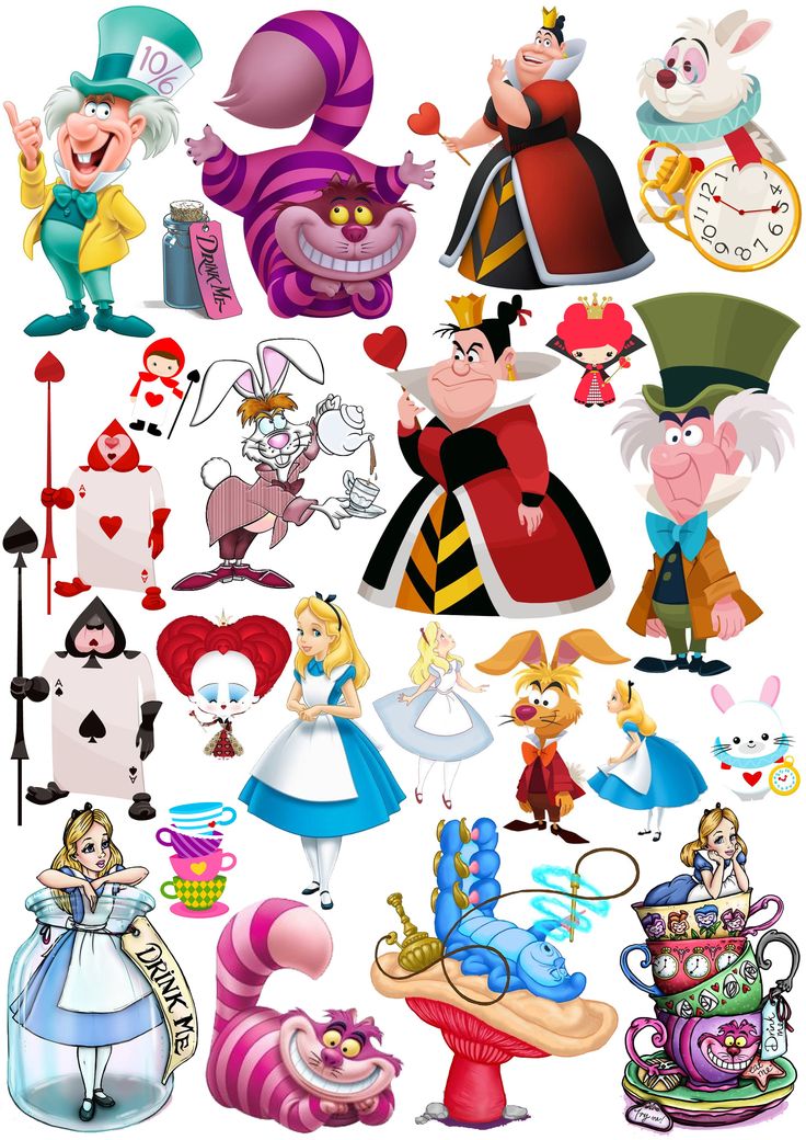 various cartoon characters are grouped together to form a collage on a white background, including alice and the wonderland tea party