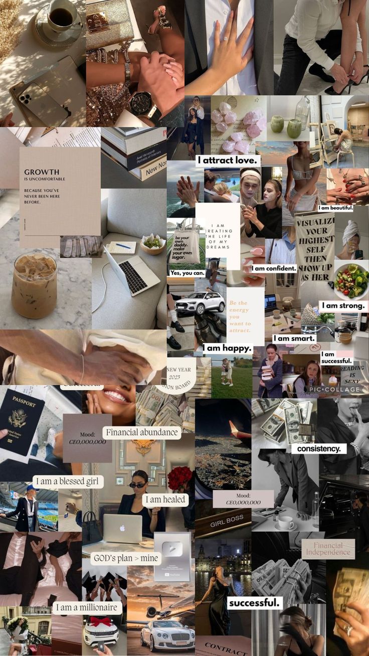 a collage of photos with words and pictures on them that include people, books, coffee cups, laptops