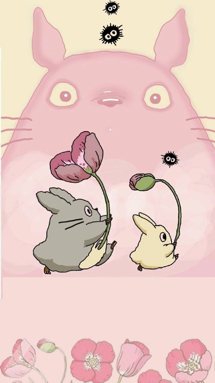 an image of some animals and flowers on a pink background with the caption totoro